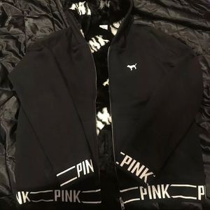 Victoria Secret Pink Black Faux Fur Logo Jacket
